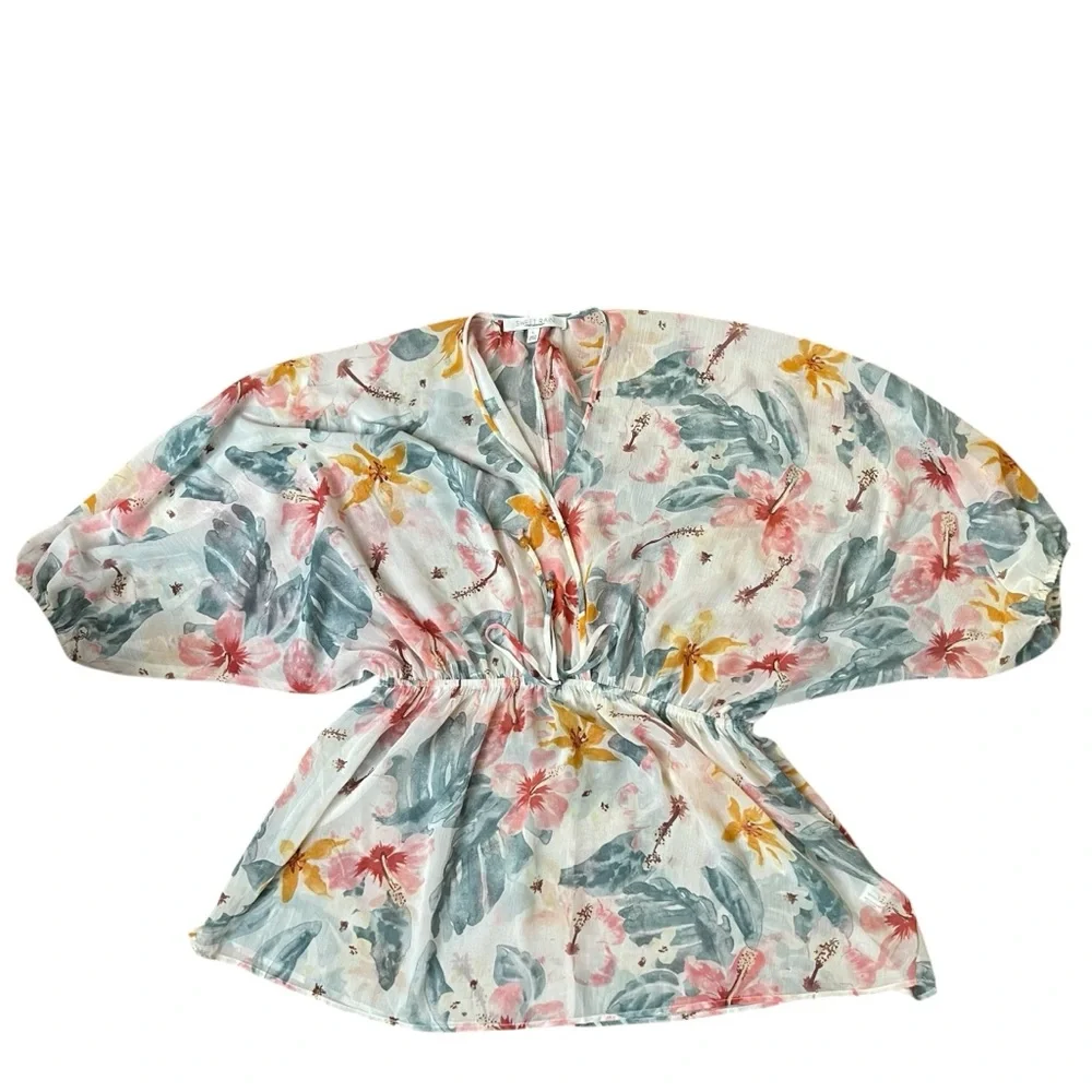 Sweet Rain Floral Chiffon Tunic L Boho Beach Cover-Up V-Neck Drawstring Waist